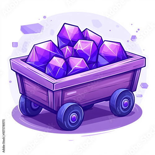 A colorful, cartoon-style cart filled with purple gems, set against a light background.