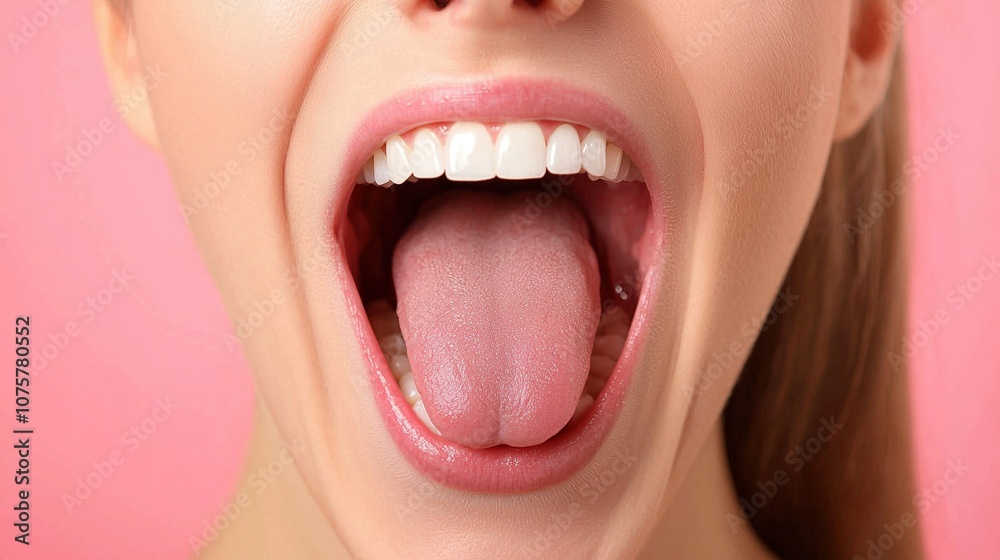 Obraz premium A woman's mouth with tongue extended, hanging to the side