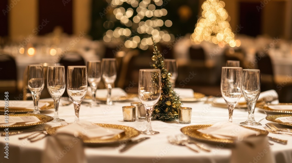 An elegantly arranged New Year's table with pristine white tablecloth, stylish place An elegantly arranged New Year's table with pristine white tablecloth, stylish place