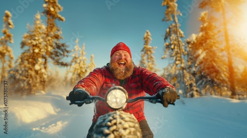 A joyful cyclist rides through snowy trails on Global Fat Bike Day, sporting a bright orange jacket and beanie against a snowy forest backdrop.