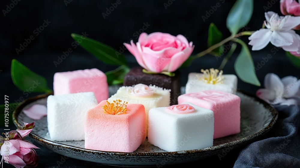 A plate of pink and white marshmallows is displayed on a table, accompanied by a central pink flower A plate of pink and white marshmallows is displayed on a table, accompanied by a central pink flower