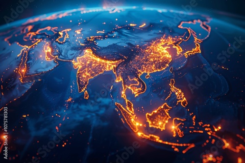 Satellite View of Earth at Night: Illuminated Asia, City Lights, China, India, 3D Globe from Space