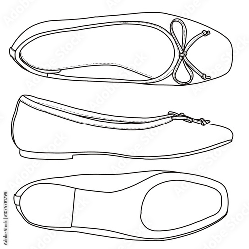 Women's Pepper Ballet Flat with Bow Shoes  Line art, Technical sketch hand drawing outline vector doodle illustration side, bottom and top view isolated on white background