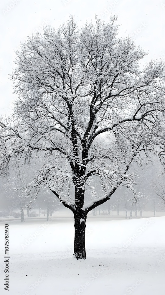 Fototapeta premium A solitary tree standing in the midst of a snowy landscape.