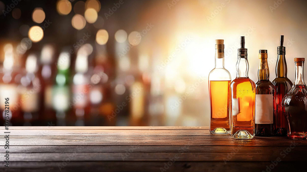   A collection of alcohol bottles perched atop a wooden table, illuminated by a hazy wall of lights
