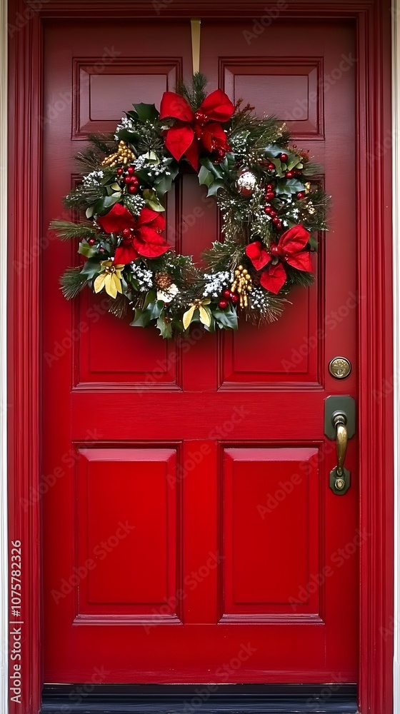 Festive red door adorned with a holiday wreath, welcoming the festive season. Festive red door adorned with a holiday wreath, welcoming the festive season.