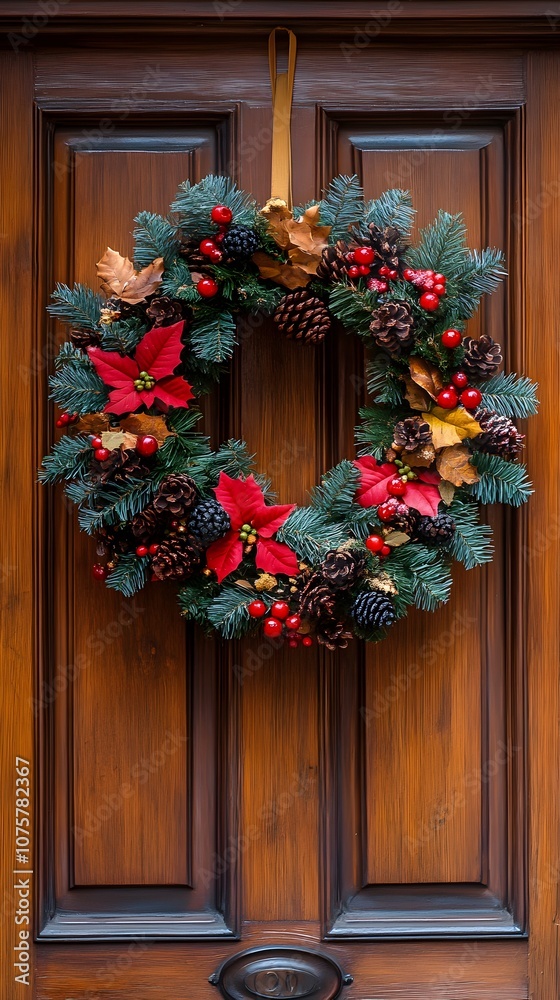 Beautiful holiday wreath with pinecones and berries on a wooden door.