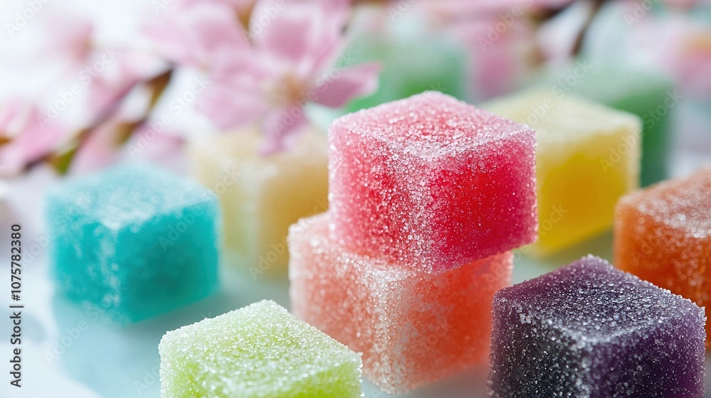 Closer look at colorful sugar cubes on white surface, surrounded by flowers Closer look at colorful sugar cubes on white surface, surrounded by flowers