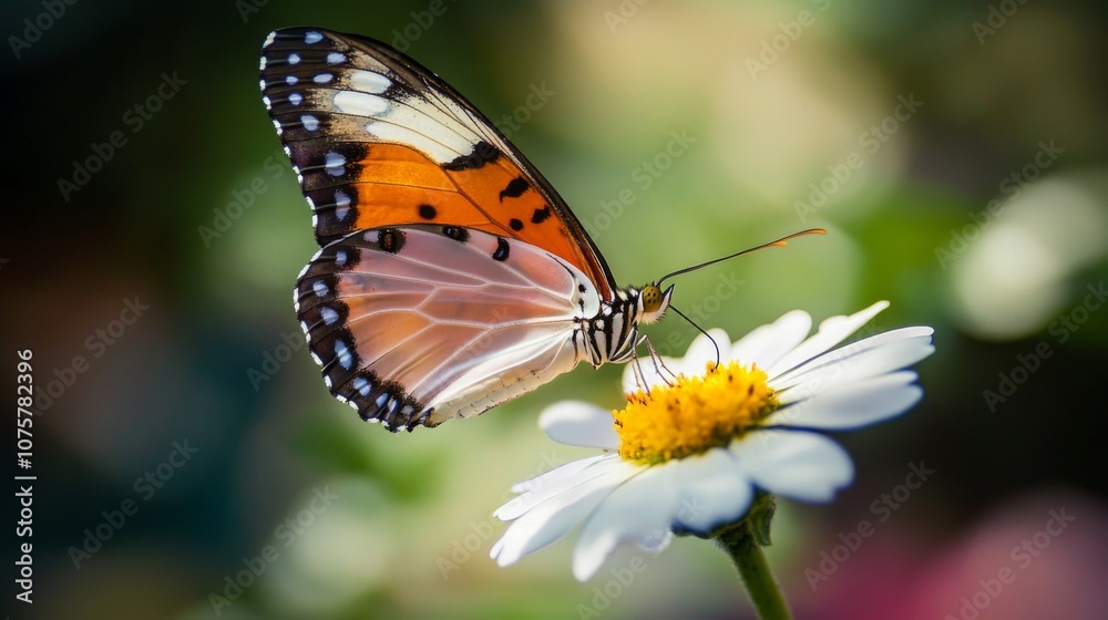 Fototapeta premium Stunning Butterfly perched delicately on a Vibrant White Flower, showcasing intricate Wing Patterns against a Beautifully Blurred Background in Nature's Splendor