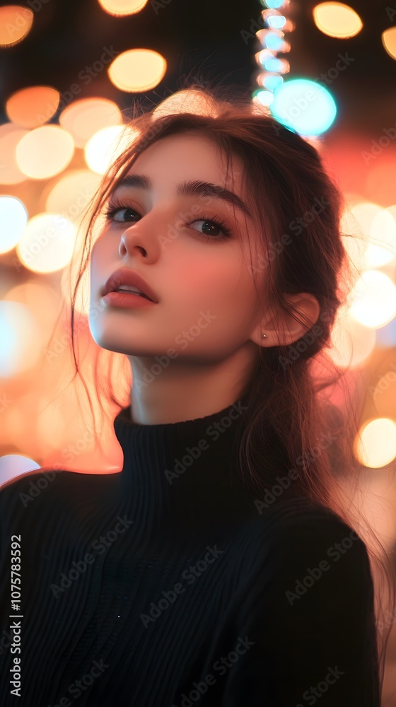 Young woman with long hair, looking captivating against a backdrop of colorful lights. Young woman with long hair, looking captivating against a backdrop of colorful lights.