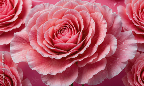 A pink rose with water droplets on its petals is in focus, surrounded by other roses