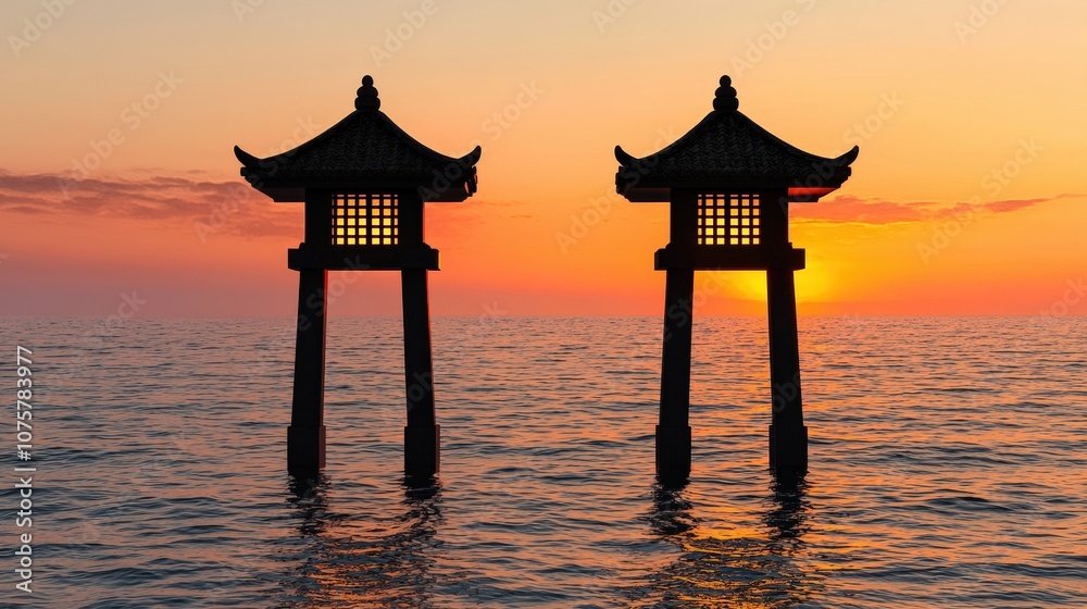 Silhouette of Two Traditional Chinese Lanterns at Sunset Over the Sea Silhouette of Two Traditional Chinese Lanterns at Sunset Over the Sea