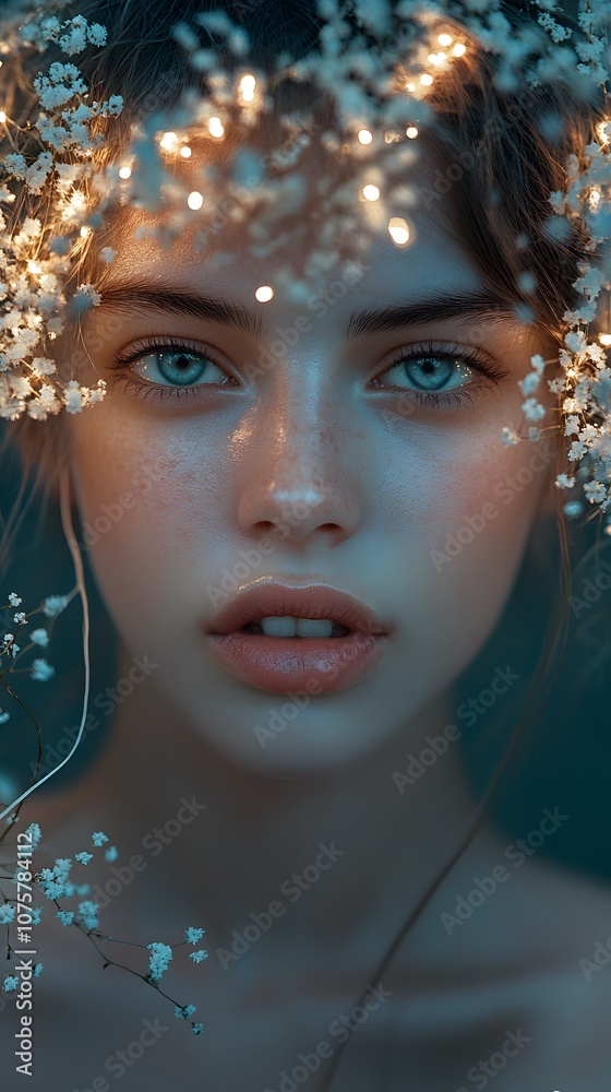 Close-up of a young Caucasian woman with blue eyes framed by delicate flowers and lights. Close-up of a young Caucasian woman with blue eyes framed by delicate flowers and lights.
