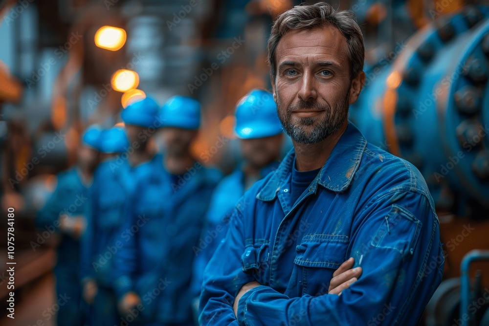 Confident Male Engineer in Blue Workwear Leading Team in Factory Confident Male Engineer in Blue Workwear Leading Team in Factory