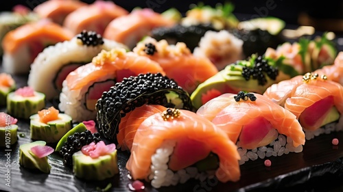 A decadently plated array of sushi, each delicate piece showcasing a symphony of colors and textures: translucent pink salmon, creamy avocado slices, and glistening black caviar. photo