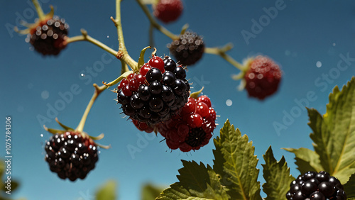 A vibrant assortment of fresh raspberries and blackberries scattered on a white background, accented by green leaves. The close-up highlights the berries' juicy textures and vivid colors. photo