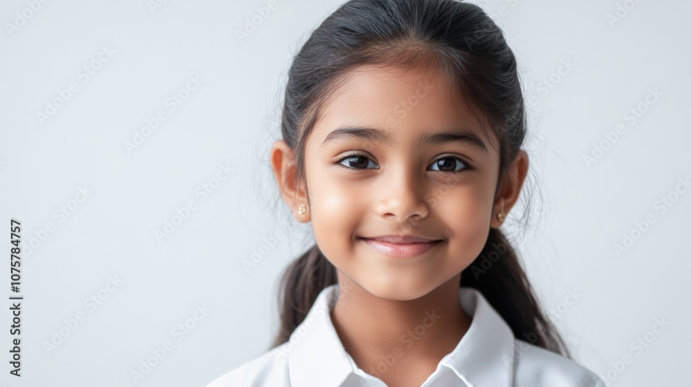 Young Indian-Asian girl in a crisp white school uniform, smiling gently with Young Indian-Asian girl in a crisp white school uniform, smiling gently with