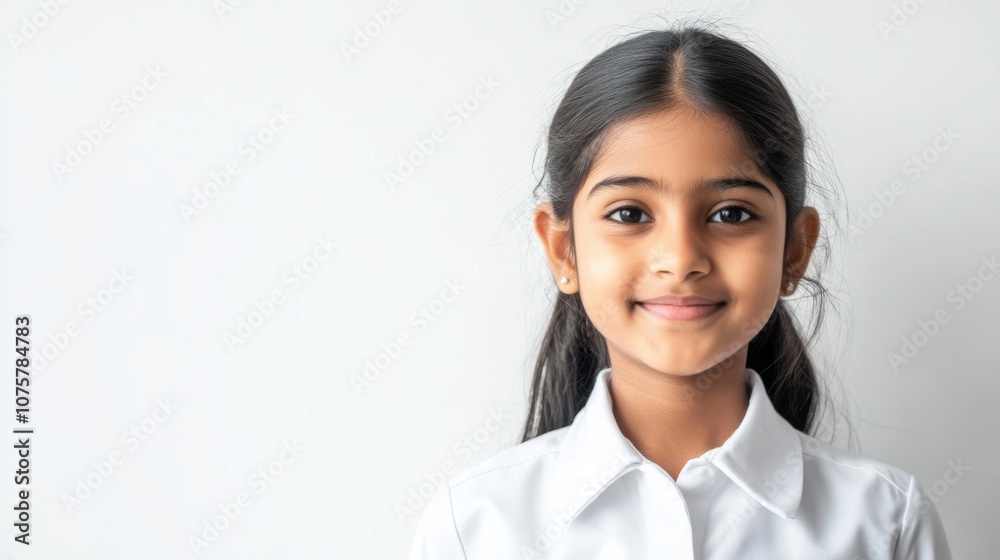 Young Indian-Asian girl in a crisp white school uniform, smiling gently with Young Indian-Asian girl in a crisp white school uniform, smiling gently with