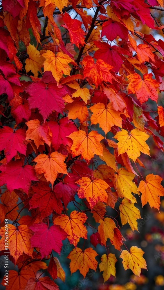 Fototapeta premium Vibrant Red Maple Leaves on Branch with Bright Fall Colors in Morning Sunlight Photo