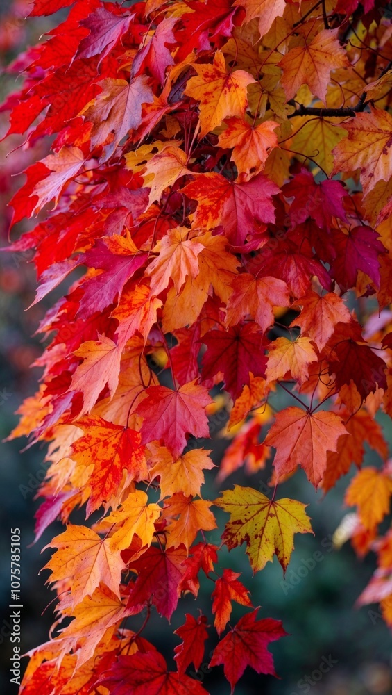 Close-Up of Red Maple Leaves on Tree Branch with Fall Season Texture Photo