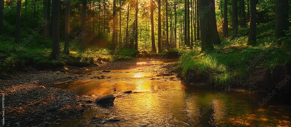Obraz premium Sunlight streaming through the trees illuminates a forest stream.