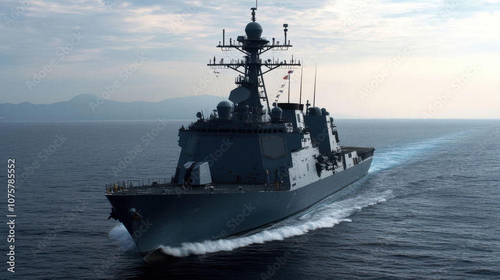 Majestic naval ship sailing through serene ocean waters Majestic naval ship sailing through serene ocean waters