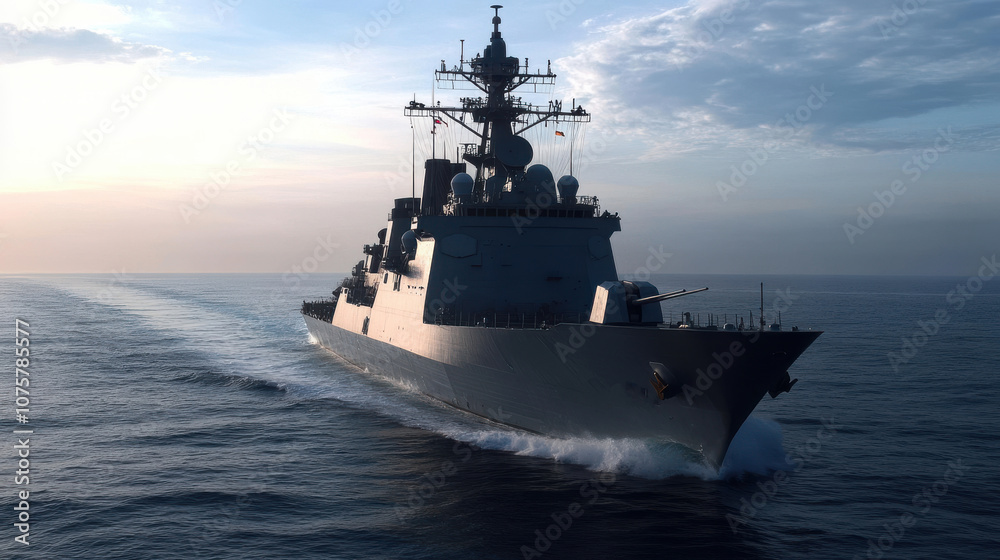 Navy ship sailing on calm waters during a serene sunset Navy ship sailing on calm waters during a serene sunset