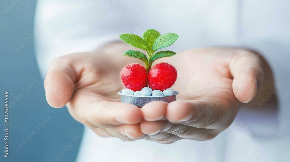A person holds a small pill with two strawberries on top and a green leaf on top A person holds a small pill with two strawberries on top and a green leaf on top