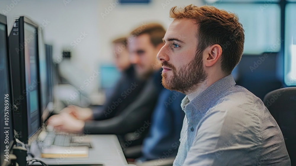 Man with Beard Sitting at Desk in Office, Focused on Computer Screen Man with Beard Sitting at Desk in Office, Focused on Computer Screen