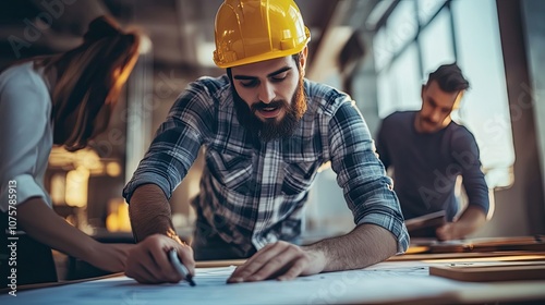 Bearded Architect in a Yellow Hard Hat Draws on Blueprints photo