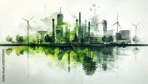 Sustainable Green Building Architecture with Industrial Plant and Wind Power in Watercolor Illustration