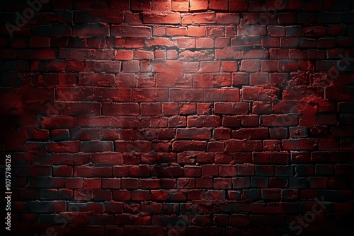 Dark Red Brick Wall Background with Spotlight, Photorealistic Panoramic View photo