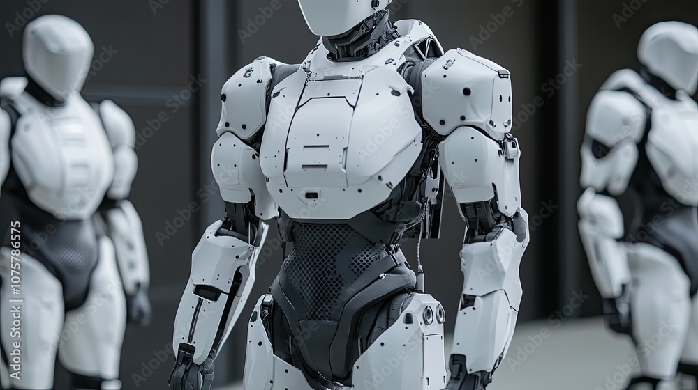 A Close-Up View of a White Robotic Figure with Detailed Articulation and a Black Mesh Panel. A Close-Up View of a White Robotic Figure with Detailed Articulation and a Black Mesh Panel.