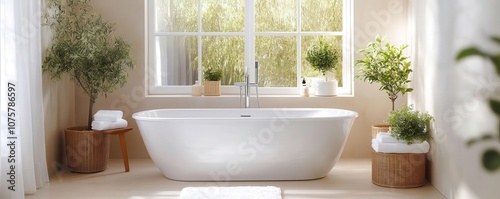 Freestanding bathtub with minimal decor, freshly cleaned and sanitized, capturing a pure and clutterfree look, scandistyle bathroom photo