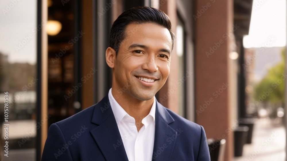 A man in a navy blue suit smiles warmly at the camera, standing in front of a brick building with a window and a tree in the background. A man in a navy blue suit smiles warmly at the camera, standing in front of a brick building with a window and a tree in the background.