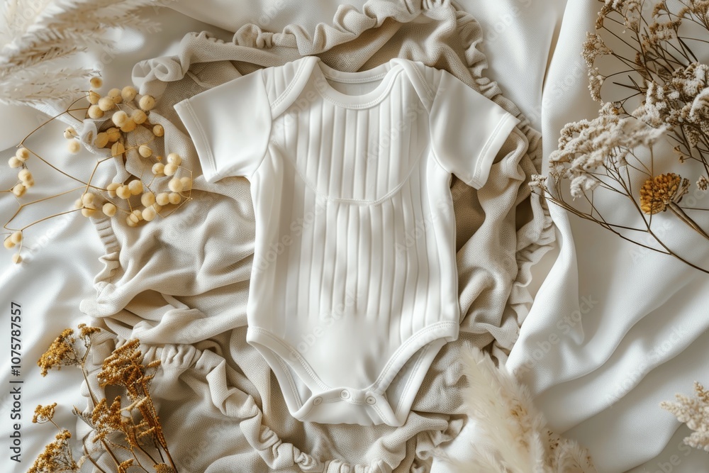 White baby bodysuit on pastel linen blanket with dried flowers, top view White baby bodysuit on pastel linen blanket with dried flowers, top view