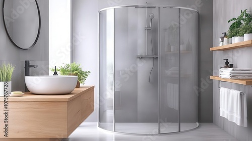 Modern bathroom with glass shower doors and seamless tile, easy to maintain and clean, with a clutterfree layout, contemporary bathroom photo