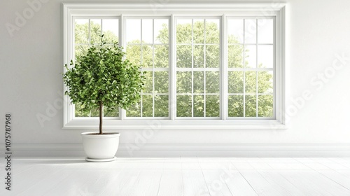   A potted plant sits in front of a window in a brightly lit room with pure white walls and wooden floors photo