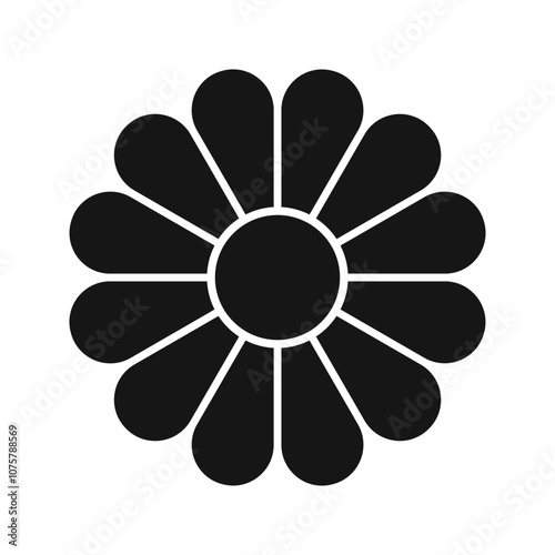 Flower silhouette with core and 12 petals. Pie chart divided on twelve equal segments in leaf shapes isolated on white background. Floral diagram for data presentation. Vector graphic illustration.