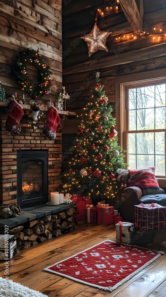 Cozy living room with a decorated Christmas tree and warm holiday ambiance. Cozy living room with a decorated Christmas tree and warm holiday ambiance.