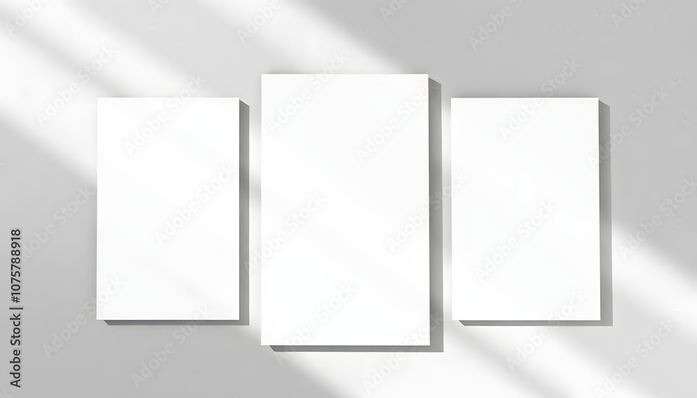 Three empty white vertical rectangle poster or business card mockups with diagonal dappled light spots on gray concrete wall. Flat lay, top view. For advertising, brand design, stationery presentati Three empty white vertical rectangle poster or business card mockups with diagonal dappled light spots on gray concrete wall. Flat lay, top view. For advertising, brand design, stationery presentati