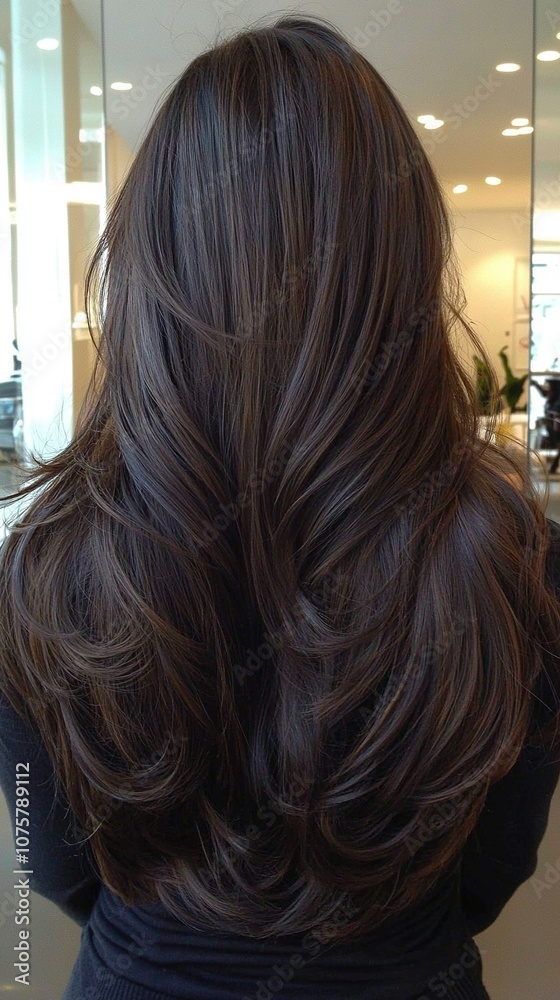   A woman with long, dark-brown waves reflects in a mirror