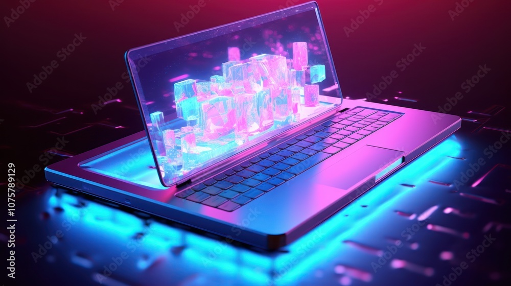 A futuristic laptop with a glowing screen displaying digital blocks. A futuristic laptop with a glowing screen displaying digital blocks.