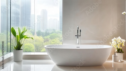 Bathtub with smooth, simple curves in a clean, minimalist bathroom, polished and ready for a hygienic soak, spainspired photo