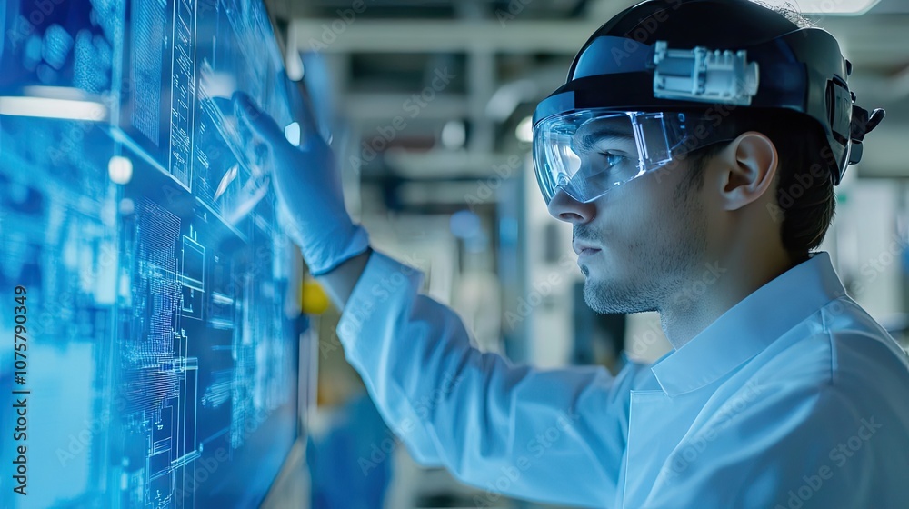 A man in a white lab coat and safety glasses examines a blue digital display. A man in a white lab coat and safety glasses examines a blue digital display.