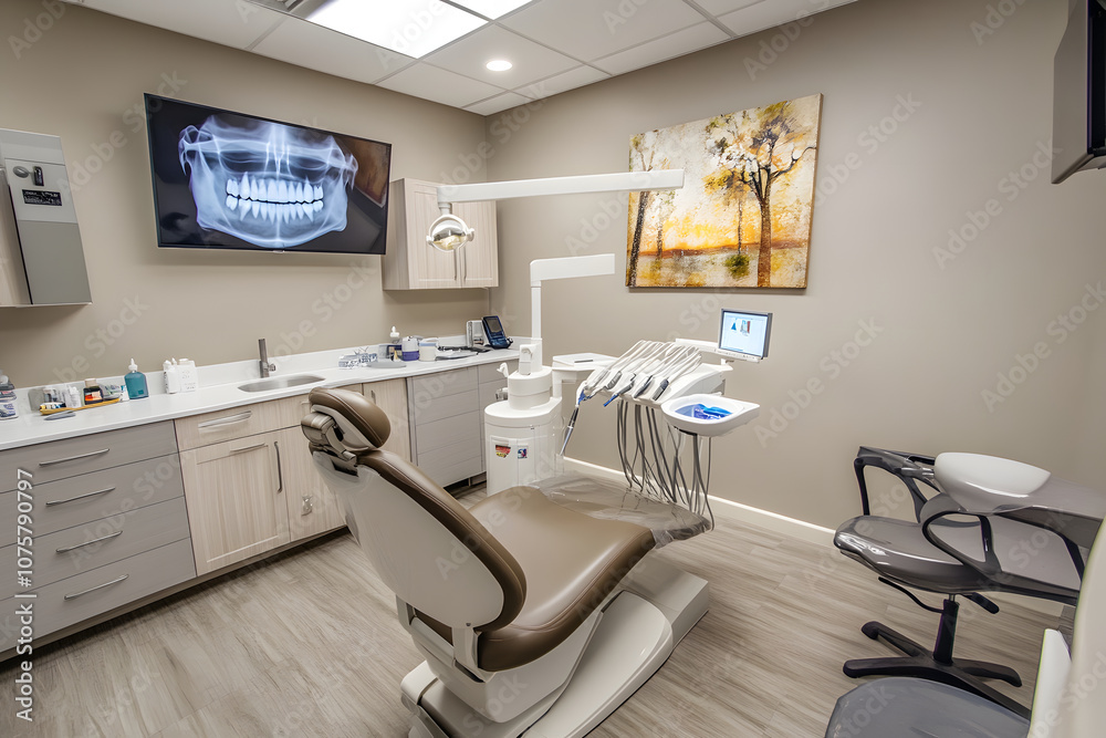 Modern dental office with equipment and an X-ray display. Modern dental office with equipment and an X-ray display.