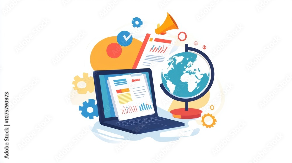 A creative vector graphic showing a laptop, documents, A creative vector graphic showing a laptop, documents,
