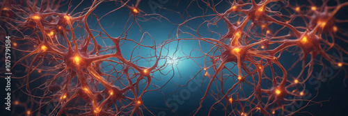 Neurons Firing with Electric Signals. A detailed 3D visualization of neurons firing electrical impulses, showcasing the intricate network of the human brain and nervous system. Banner
