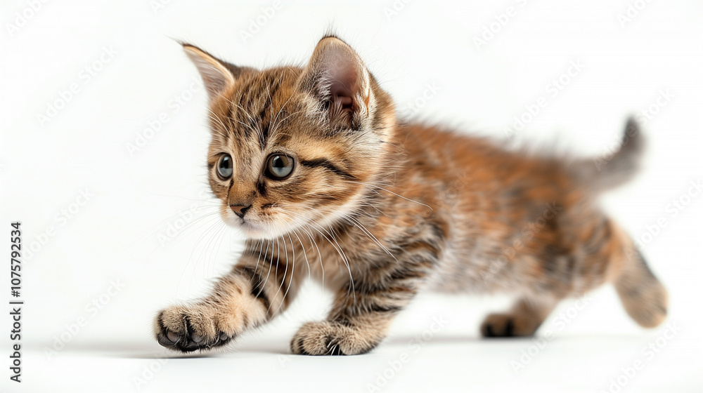 Obraz premium silly little striped kitten walks on soft paws on a white background.