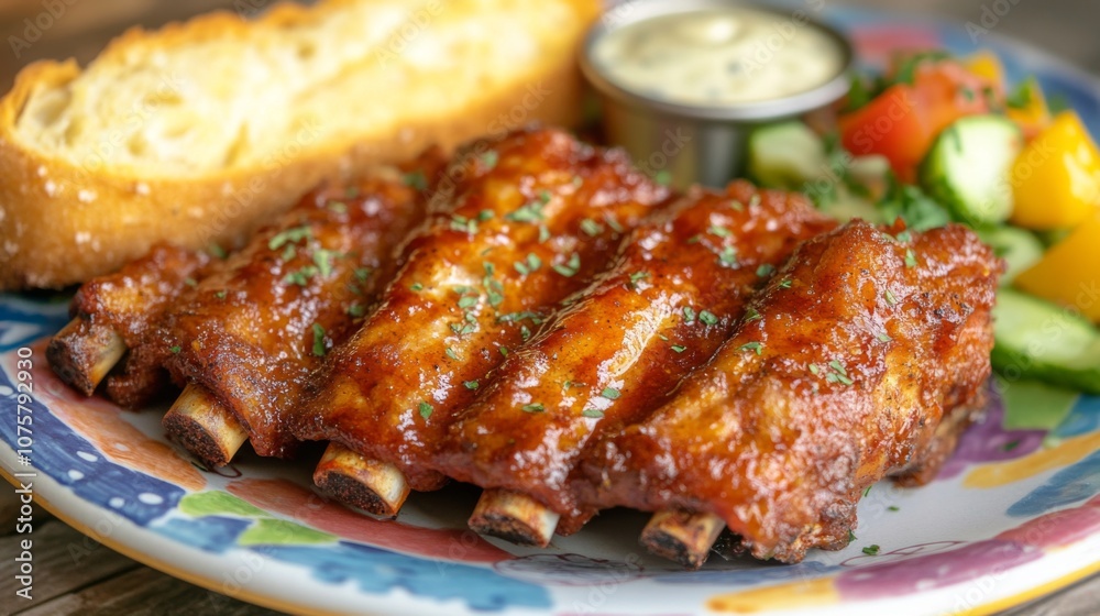 Delicious Barbecue Ribs Served on a Colorful Plate with Fresh Salad, Slices of Bread, and Tangy Dipping Sauce for a Flavorful Dining Experience Delicious Barbecue Ribs Served on a Colorful Plate with Fresh Salad, Slices of Bread, and Tangy Dipping Sauce for a Flavorful Dining Experience